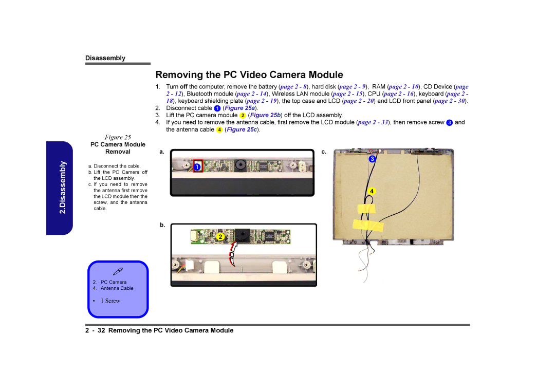 Clevo D410E manual Removing the PC Video Camera Module, PC Camera Module Removal 