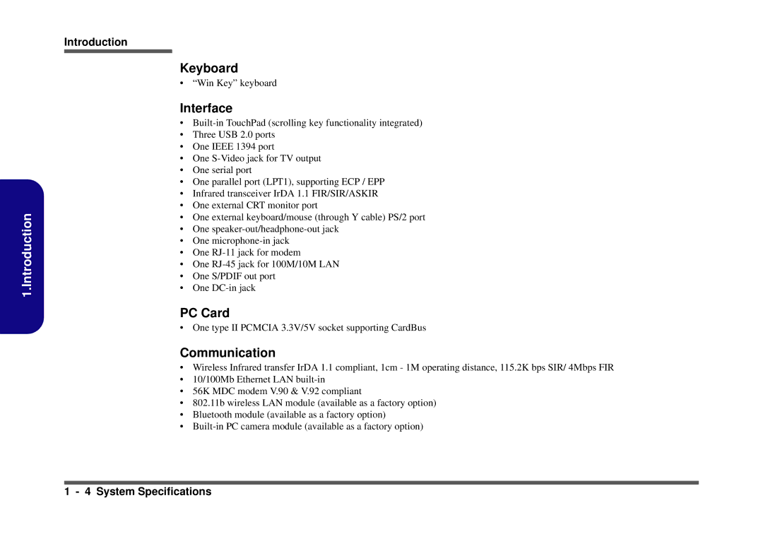 Clevo D410S service manual Keyboard, Interface, PC Card, Communication 