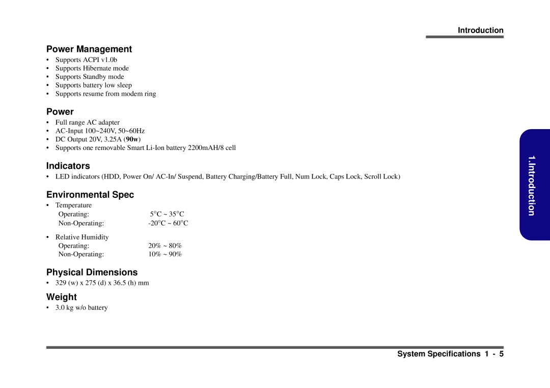 Clevo D410S service manual Power Management, Indicators, Environmental Spec, Physical Dimensions, Weight 