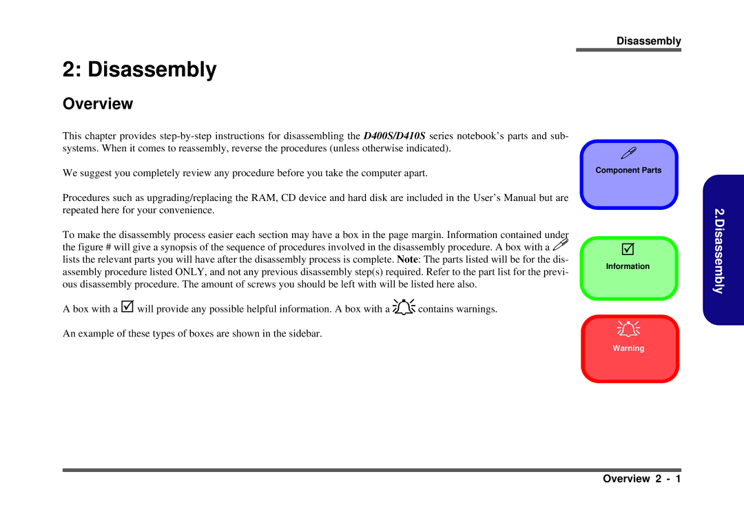 Clevo D410S service manual Disassembly, Overview 