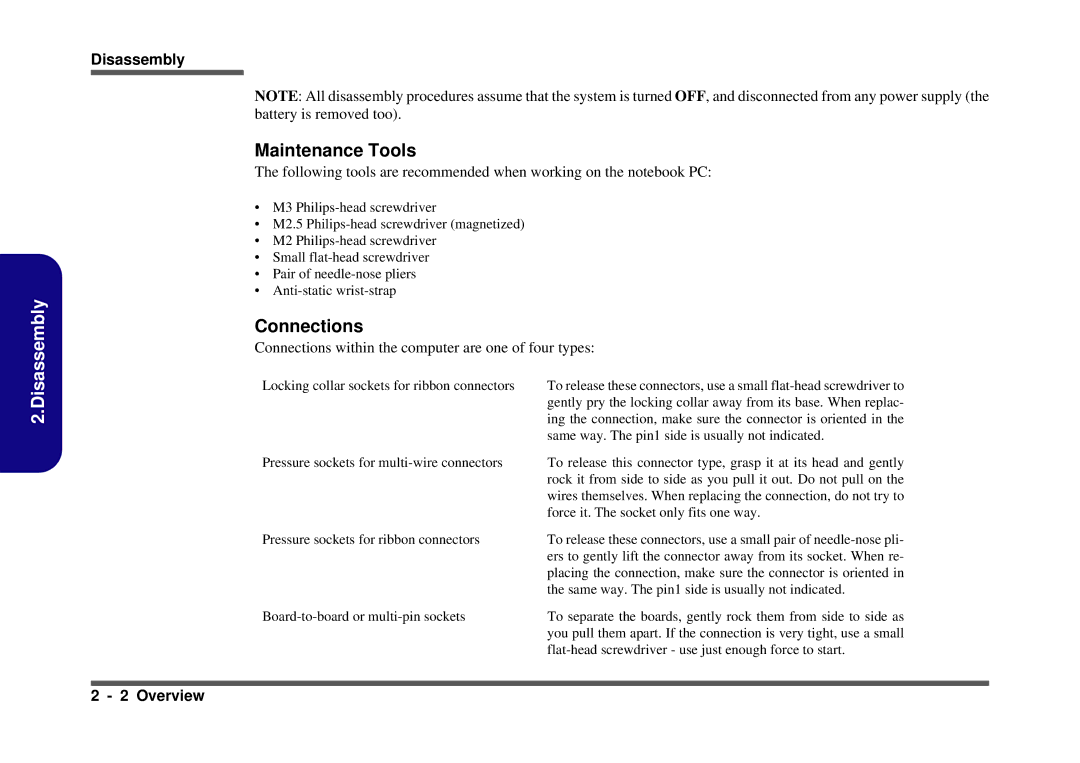 Clevo D410S service manual Maintenance Tools, Connections 