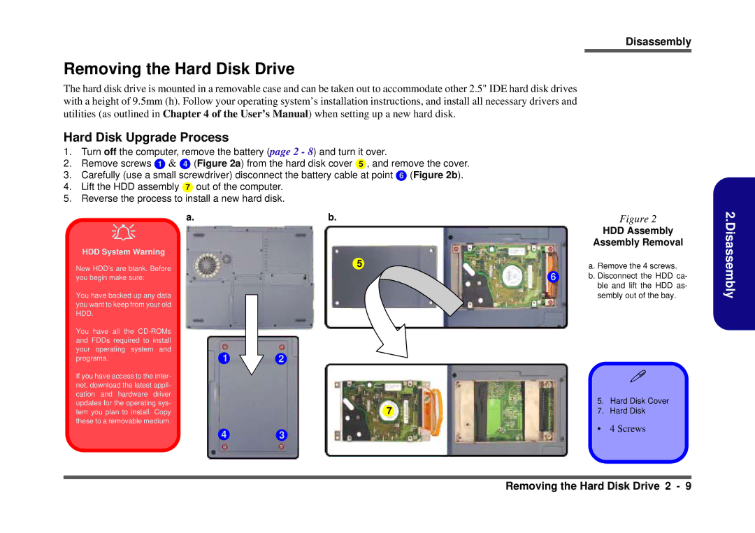 Clevo D410S service manual Removing the Hard Disk Drive, Hard Disk Upgrade Process, HDD Assembly Assembly Removal 