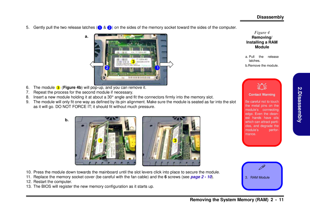 Clevo D410S service manual Removing Installing a RAM Module, Contact Warning 