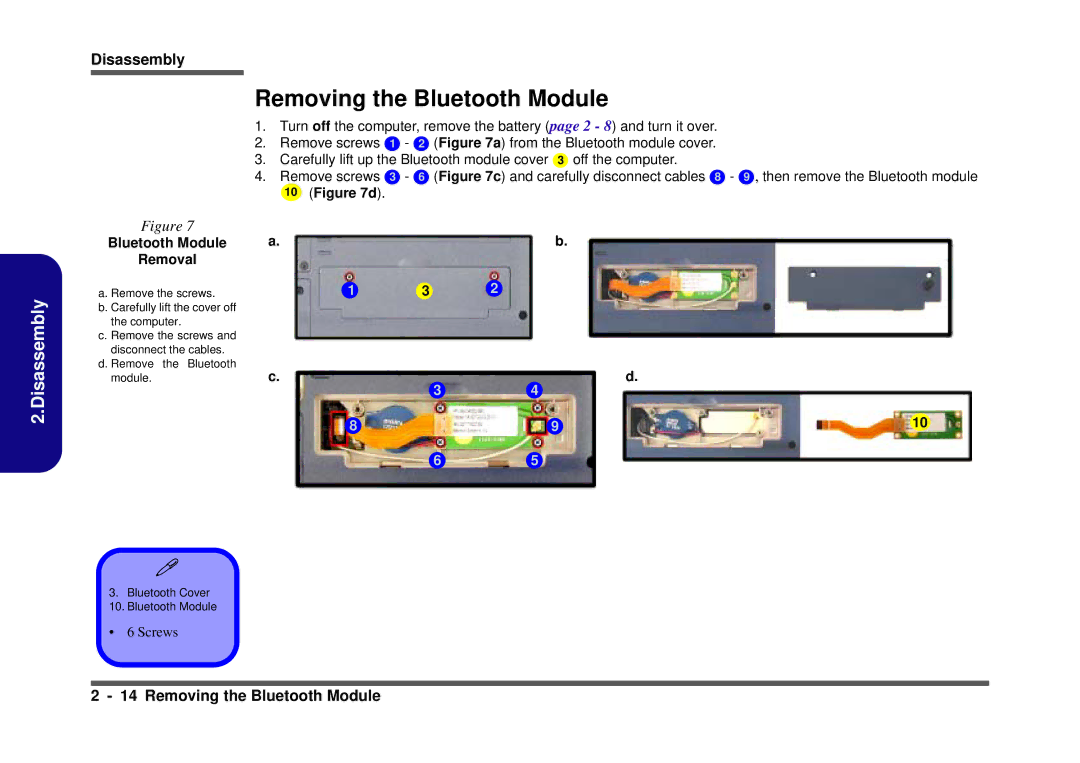 Clevo D410S service manual Removing the Bluetooth Module, Bluetooth Module Removal 