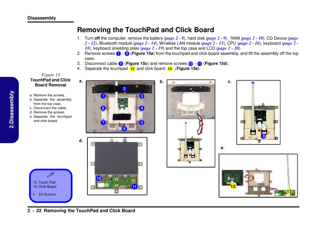 Clevo D410S service manual Removing the TouchPad and Click Board, TouchPad and Click Board Removal 