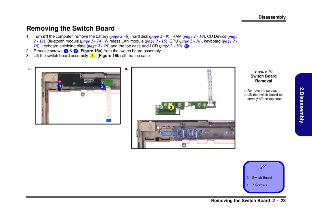 Clevo D410S service manual Removing the Switch Board, Switch Board Removal 