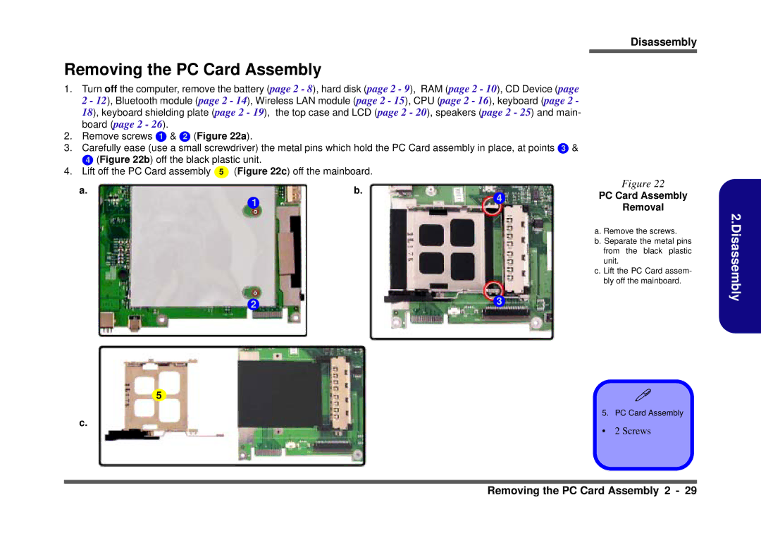 Clevo D410S service manual Removing the PC Card Assembly, PC Card Assembly Removal 