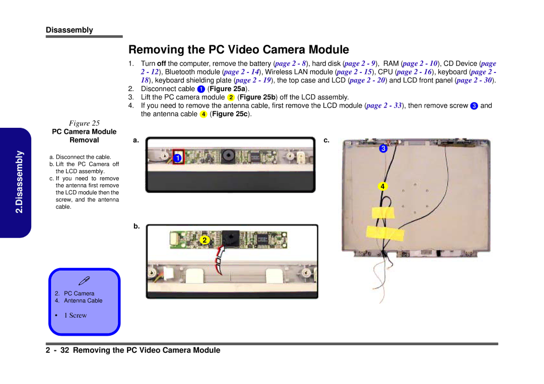 Clevo D410S service manual Removing the PC Video Camera Module, PC Camera Module Removal 