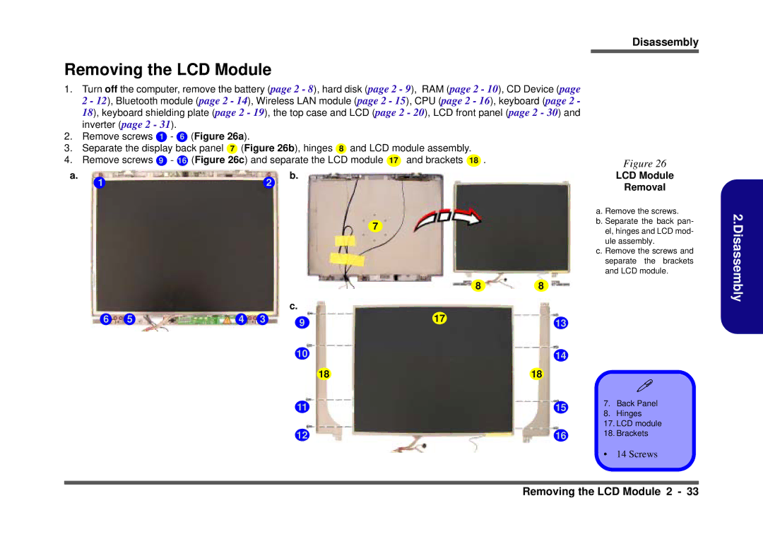 Clevo D410S service manual Removing the LCD Module, LCD Module Removal 