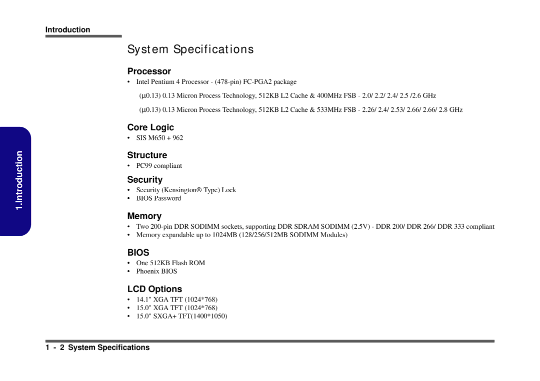 Clevo D410S service manual Processor, Core Logic, Structure, Security, Memory, LCD Options 