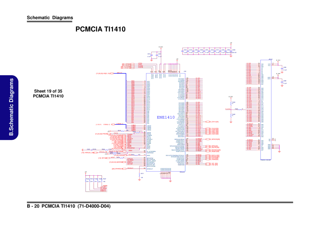 Clevo D410S service manual Sheet 19 of 35 Pcmcia TI1410, 75R 4 Pciclkpcm, Spkrout, BINPACK20, BRESET20 