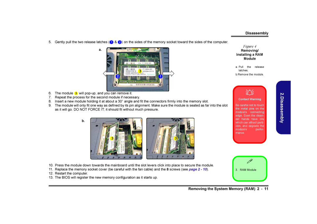 Clevo D480V manual Removing Installing a RAM Module, Contact Warning 