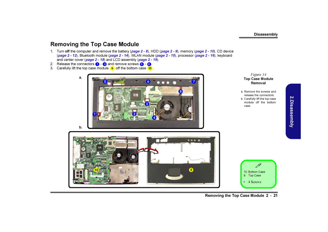 Clevo D480V manual Removing the Top Case Module, Top Case Module Removal, 109 