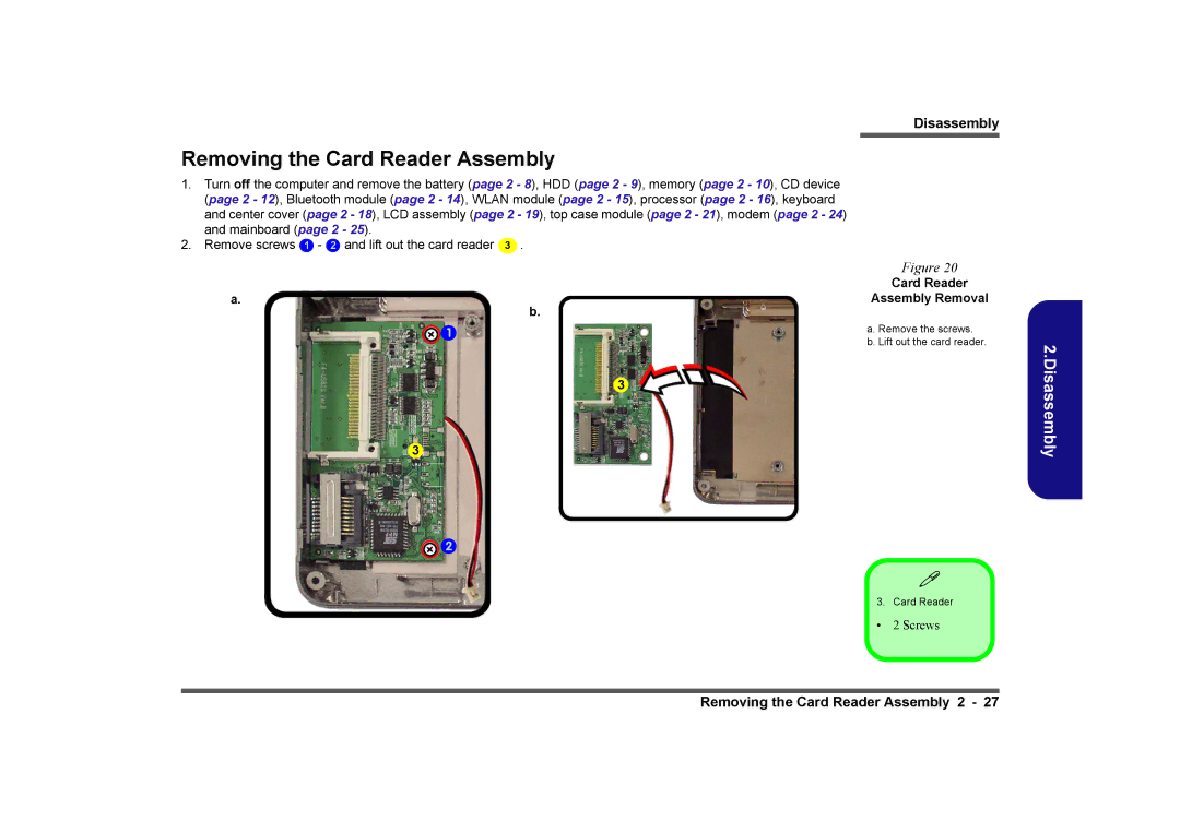 Clevo D480V manual Removing the Card Reader Assembly, Card Reader Assembly Removal 