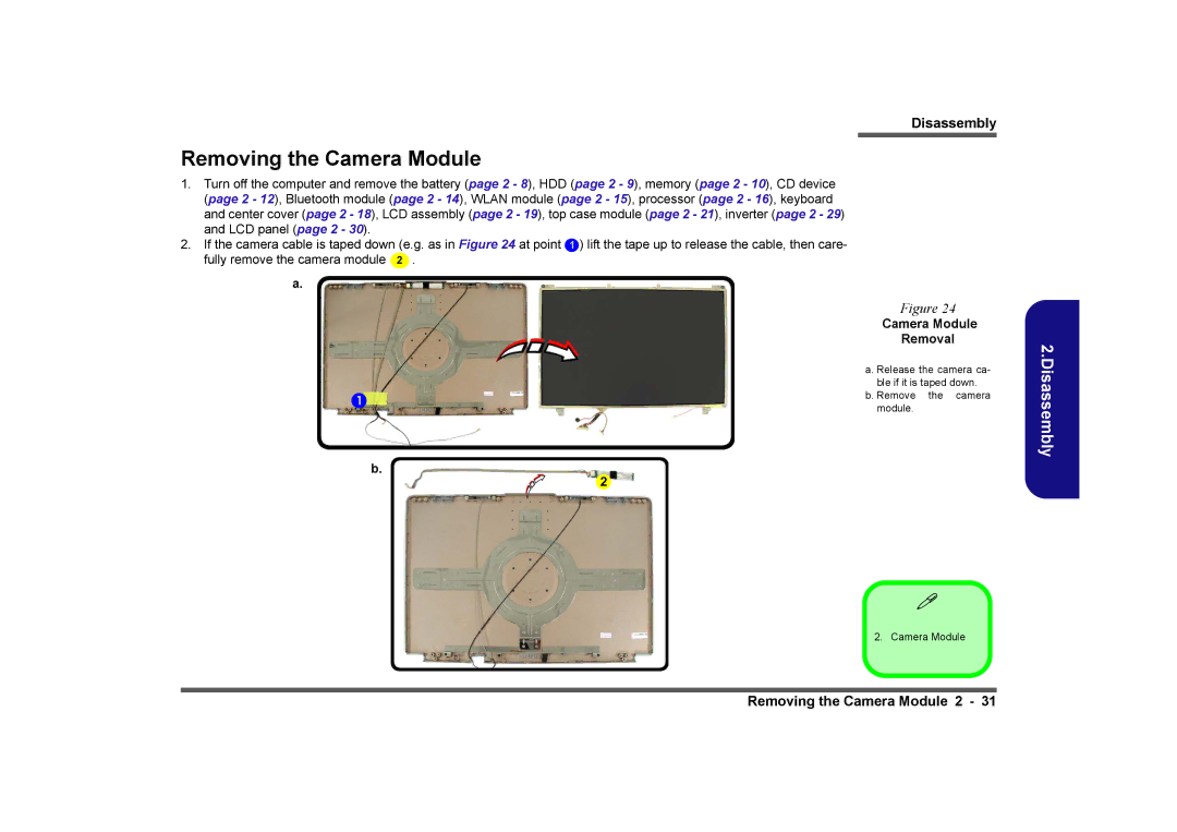 Clevo D480V manual Removing the Camera Module, Camera Module Removal 