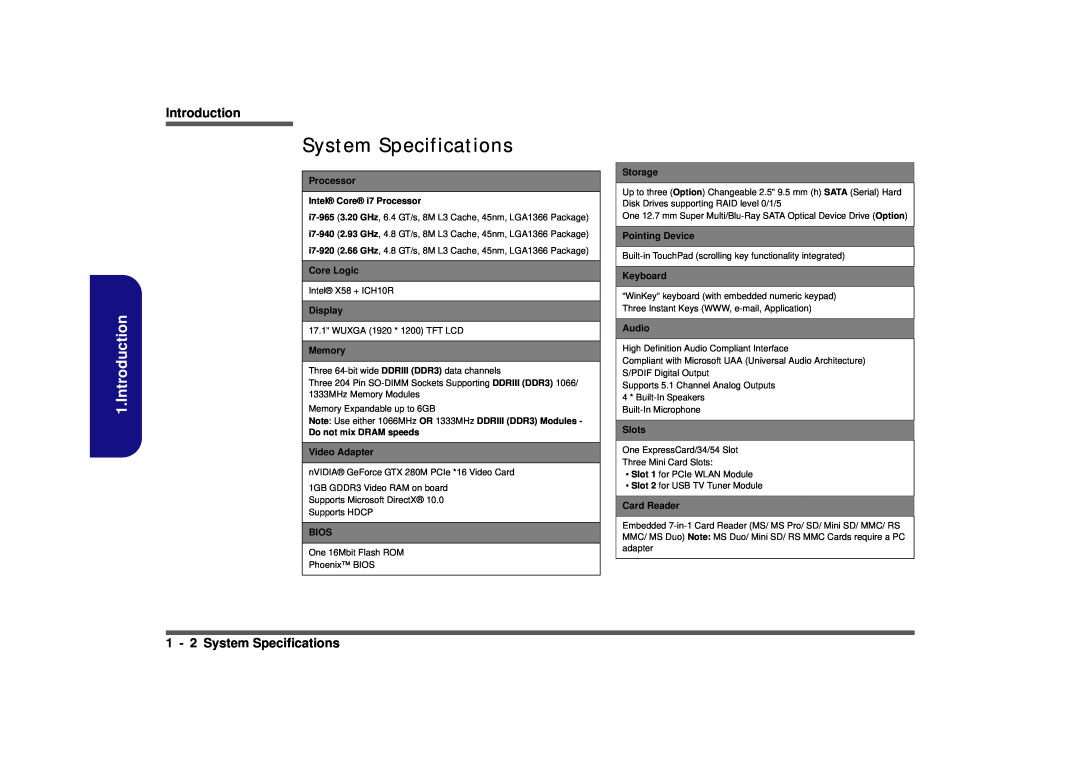 Clevo D900F Introduction, 1 - 2 System Specifications, Processor, Core Logic, Display, Memory, Video Adapter, Bios 