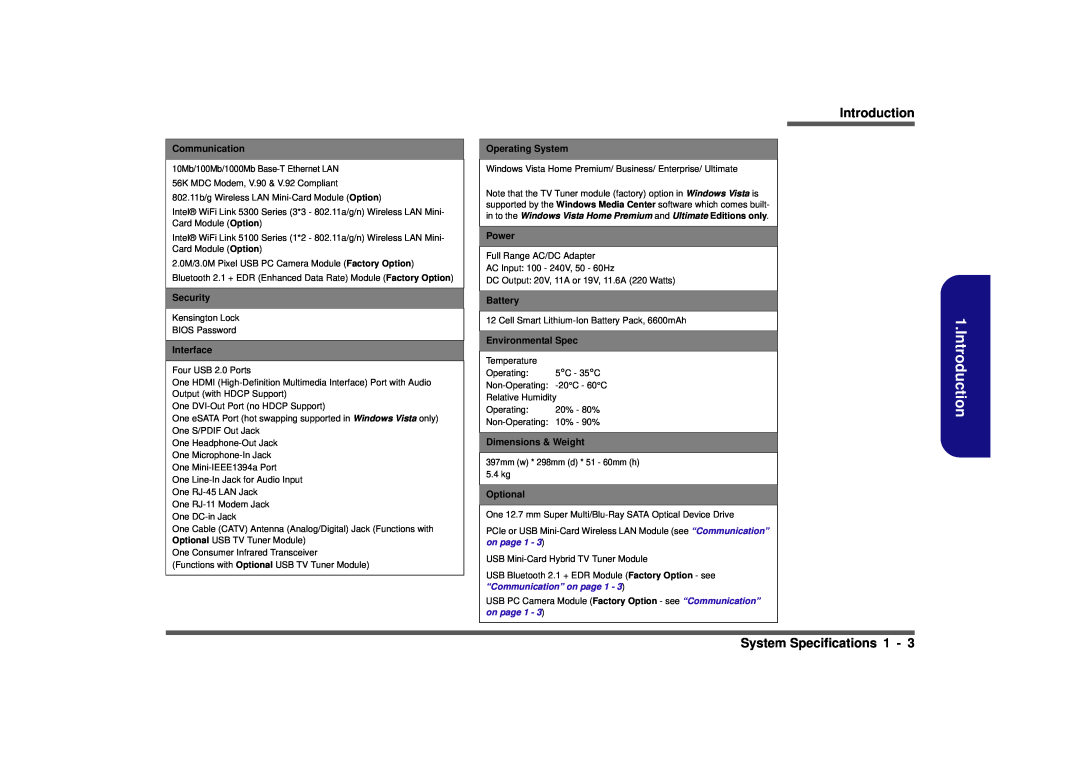 Clevo D900F Introduction, System Specifications 1, Communication, Security, Interface, Operating System, Power, Battery 