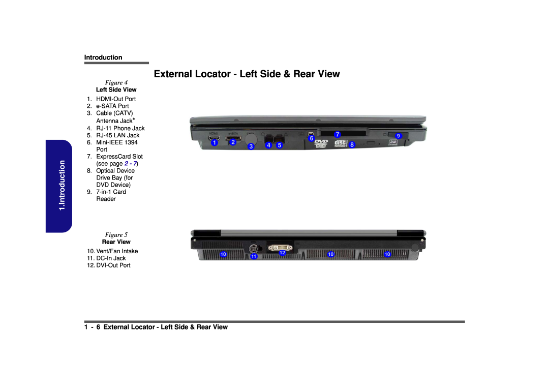 Clevo D900F Introduction, 1 - 6 External Locator - Left Side & Rear View, Left Side View, Vent/Fan Intake, DC-In Jack 