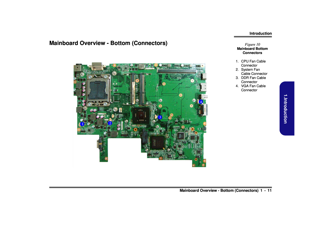 Clevo D900F manual Introduction, Mainboard Overview - Bottom Connectors 1, Mainboard Bottom Connectors 