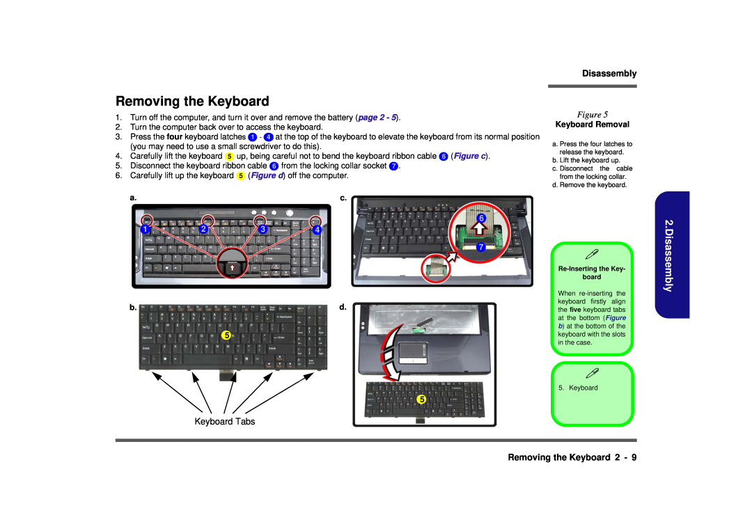 Clevo D900F manual Disassembly, Keyboard Tabs, Removing the Keyboard 2, Keyboard Removal 