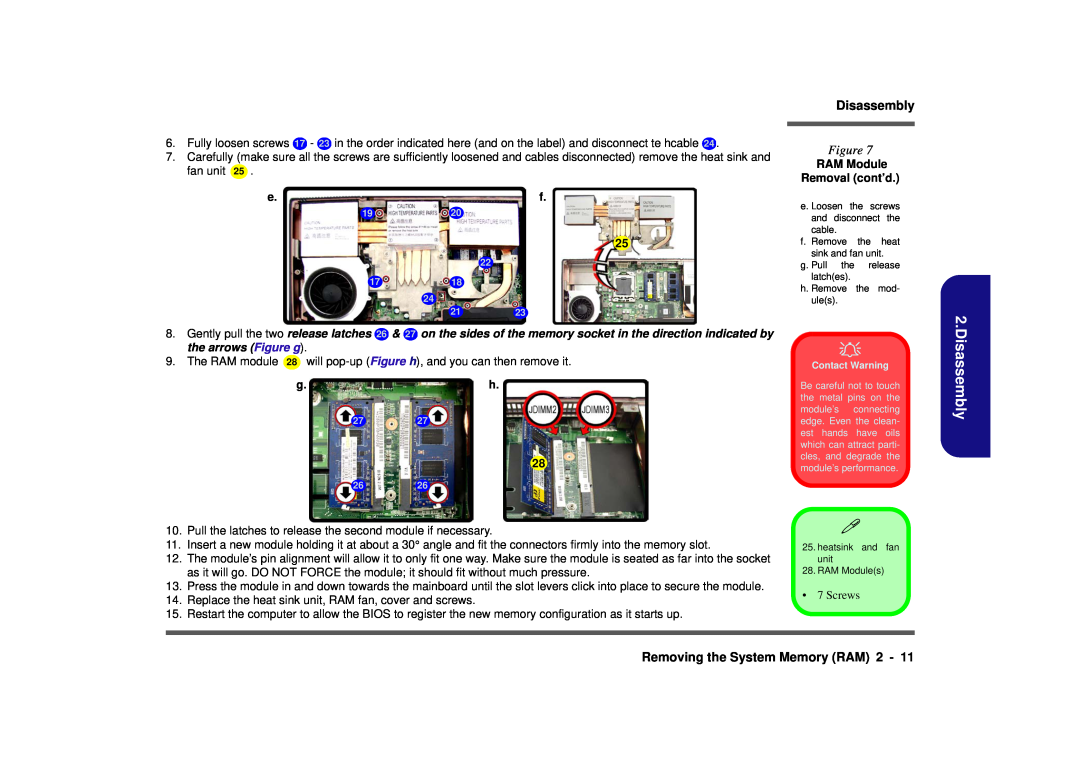 Clevo D900F manual Disassembly, Removing the System Memory RAM 2, RAM Module Removal cont’d 