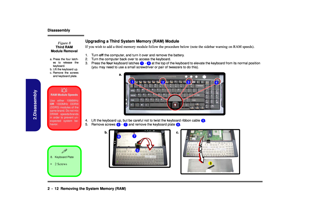 Clevo D900F manual Disassembly, Upgrading a Third System Memory RAM Module, 2 - 12 Removing the System Memory RAM, Screws 