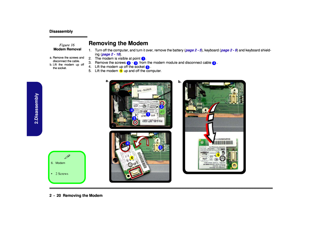 Clevo D900F manual Disassembly, 2 - 20 Removing the Modem, Modem Removal 