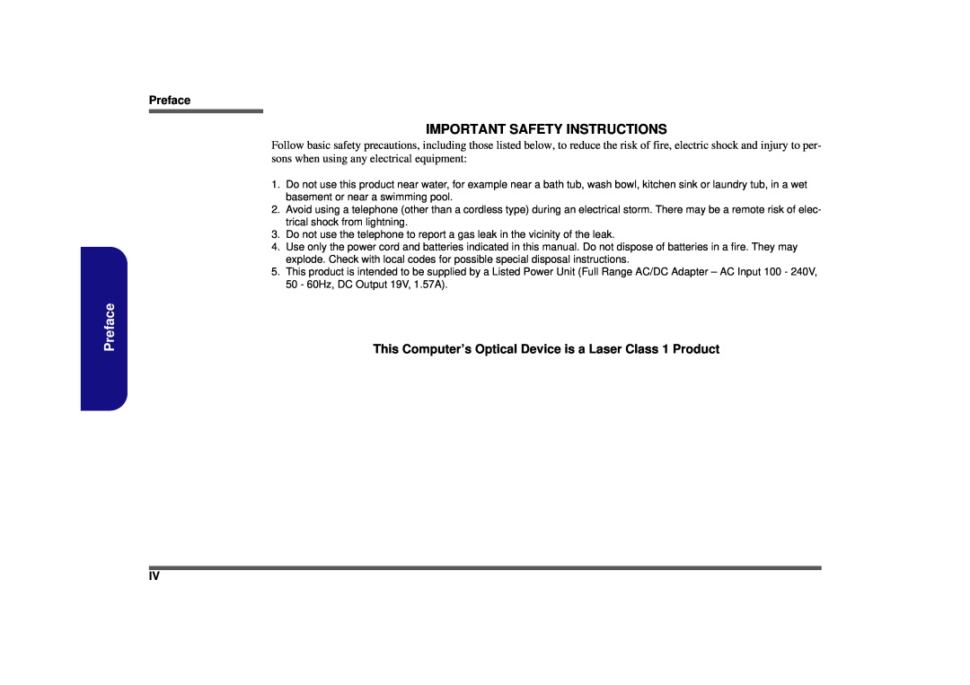 Clevo D900F manual Important Safety Instructions, Preface, This Computer’s Optical Device is a Laser Class 1 Product 