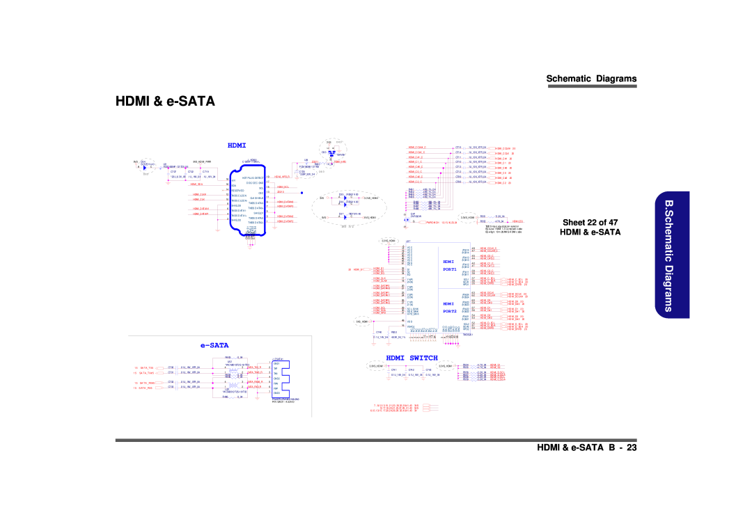 Clevo D900F B.Schematic Diagrams, HDMI & e-SATA B, Sheet 22 of 47 HDMI & e-SATA, Hdmi Switch, PORT1, PORT2, D03 3 