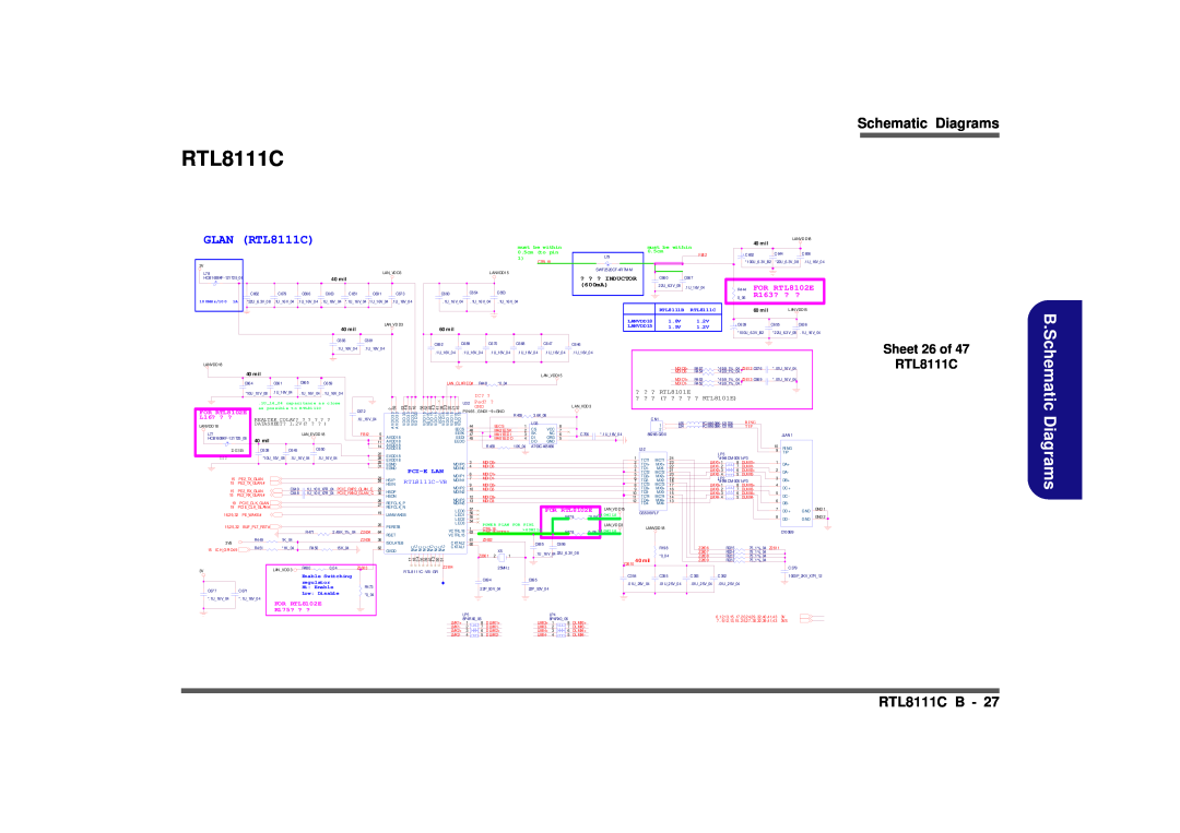 Clevo D900F B.Schematic Diagrams, RTL8111C B, GLAN RTL8111C, Sheet 26 of, FOR RTL8102E, R163?, ? ? ? Inductor, 600mA 