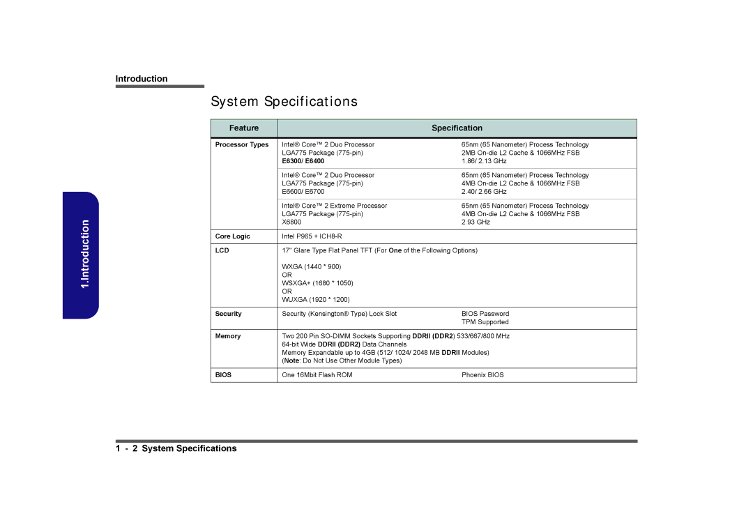 Clevo D901C manual System Specifications, Feature Specification 