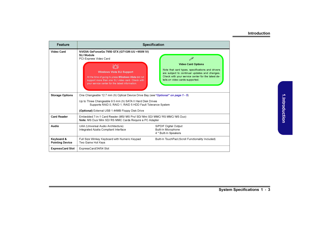 Clevo D901C manual System Specifications 1 