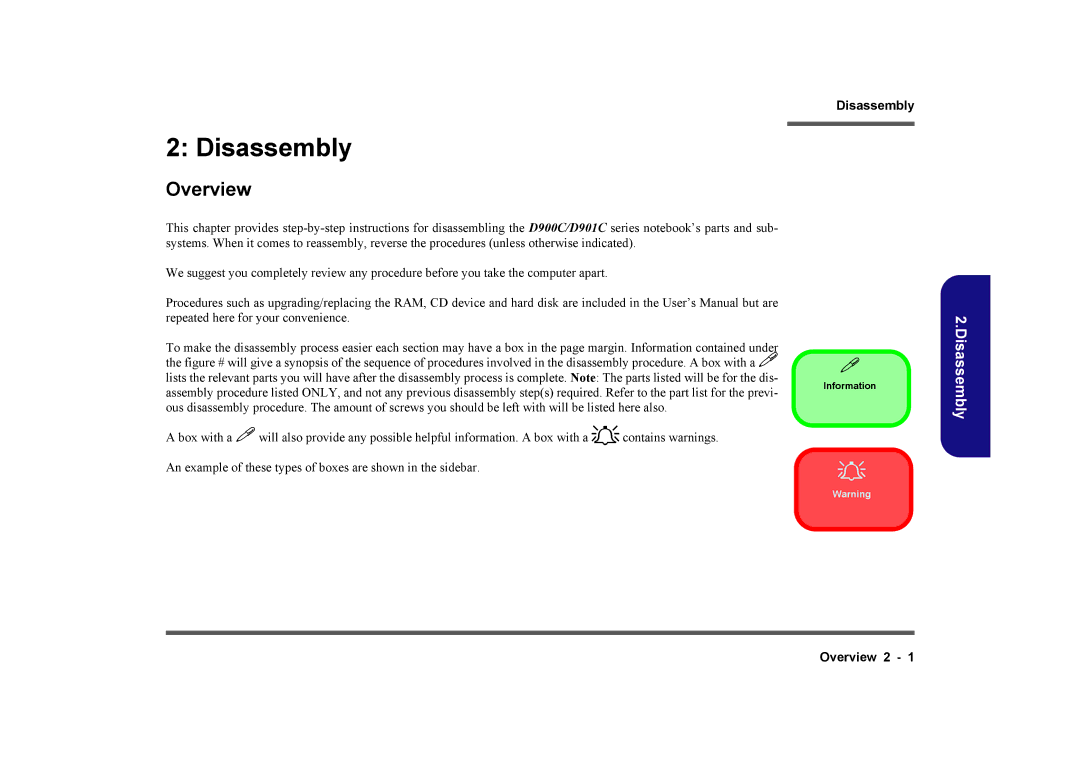 Clevo D901C manual Disassembly, Overview 