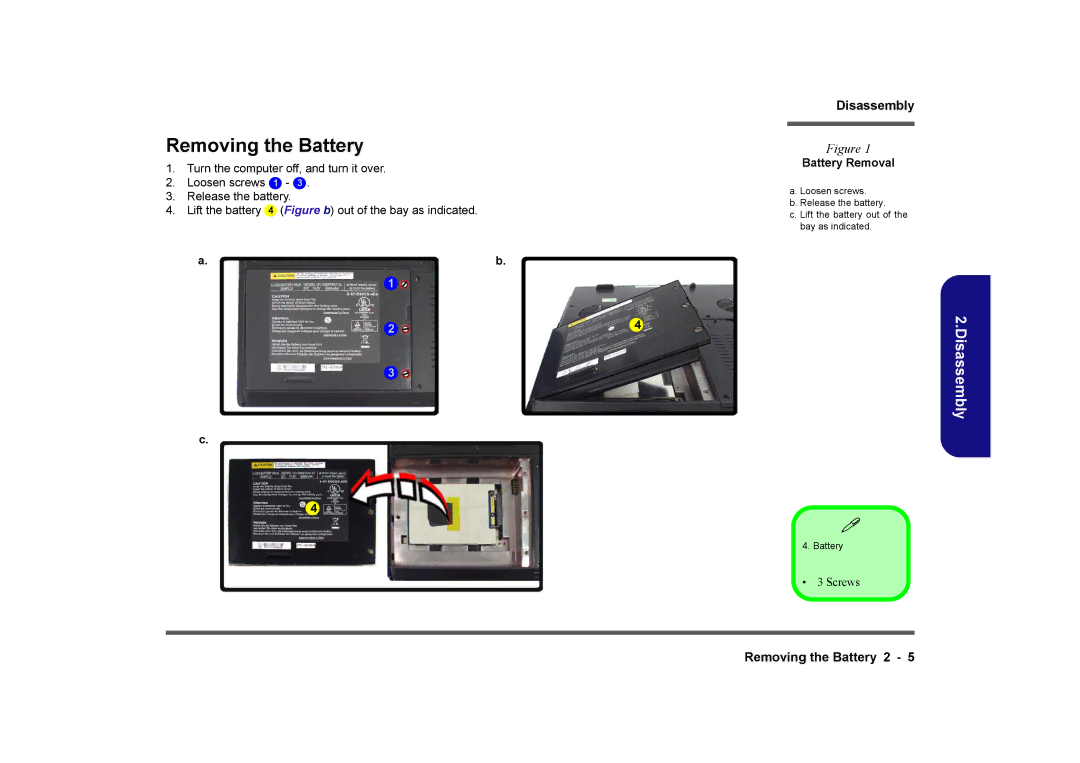 Clevo D901C manual Removing the Battery, Battery Removal 