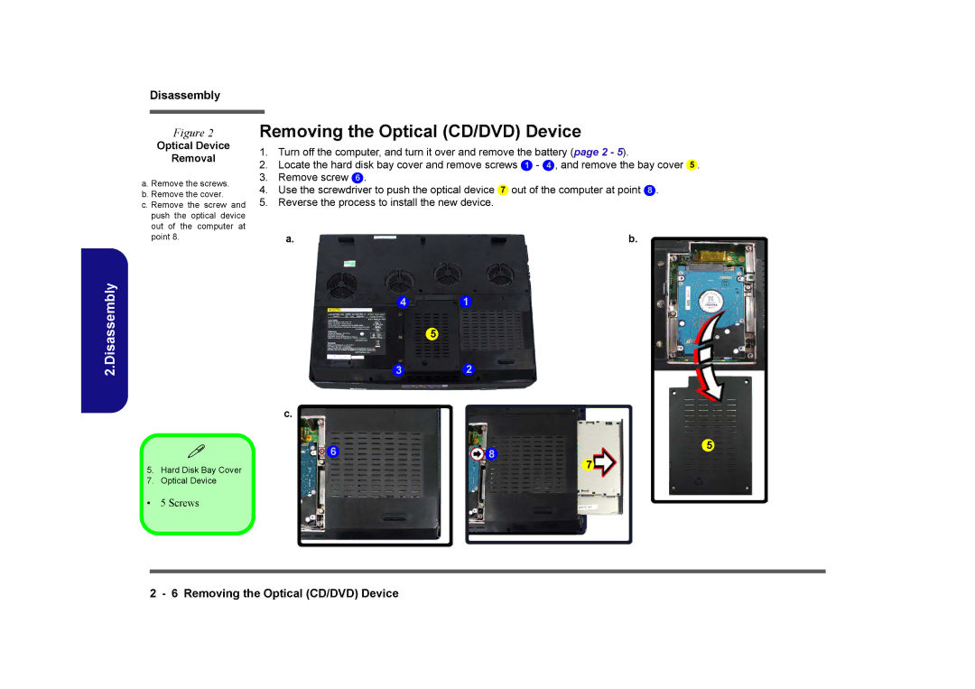 Clevo D901C manual Removing the Optical CD/DVD Device, Optical Device Removal 