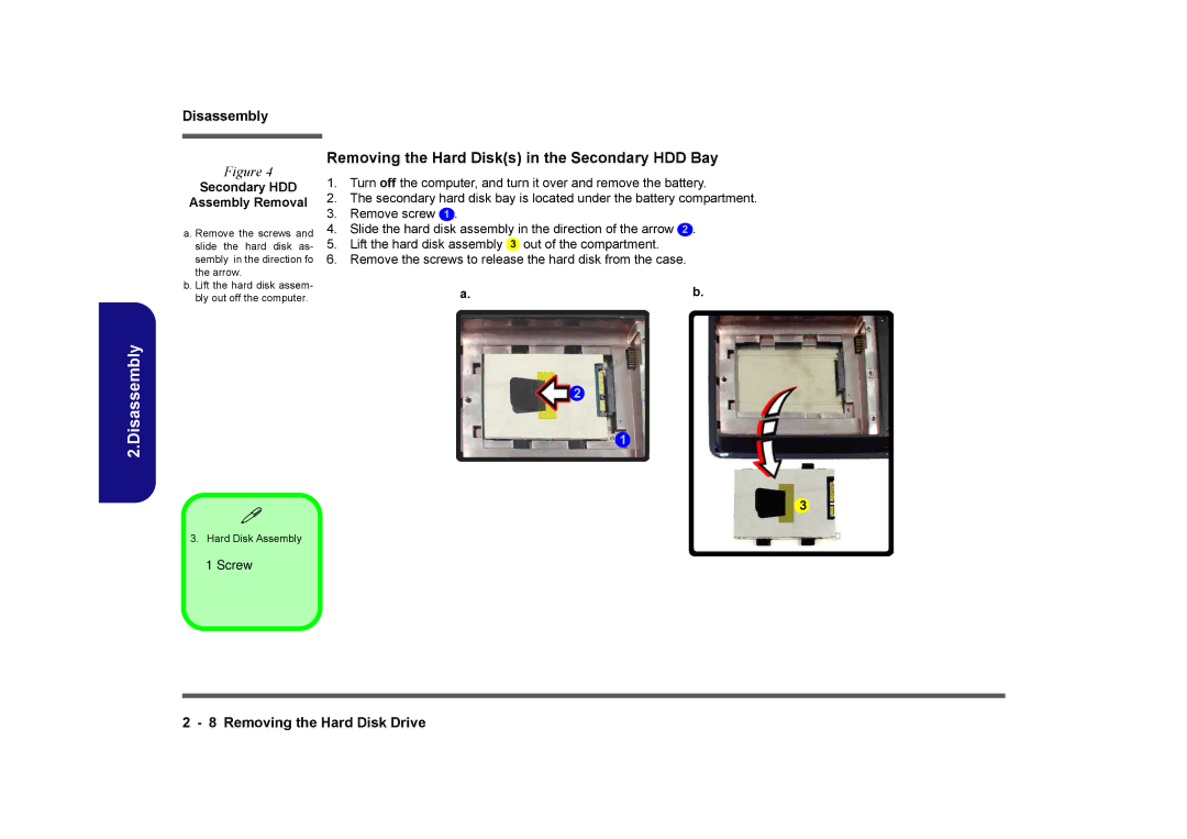 Clevo D901C manual Removing the Hard Disks in the Secondary HDD Bay, Assembly Removal 