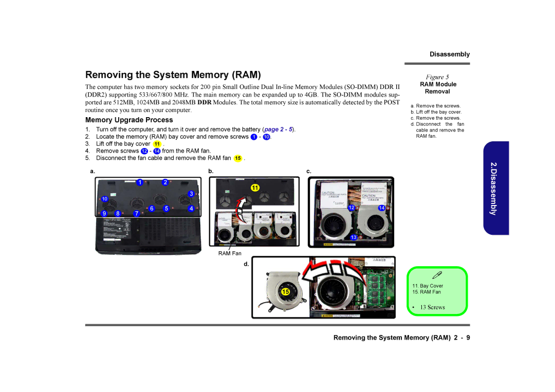 Clevo D901C manual Removing the System Memory RAM, RAM Module Removal 