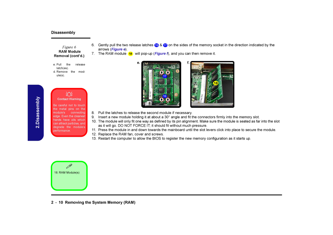 Clevo D901C manual RAM Module Removal cont’d, Contact Warning 