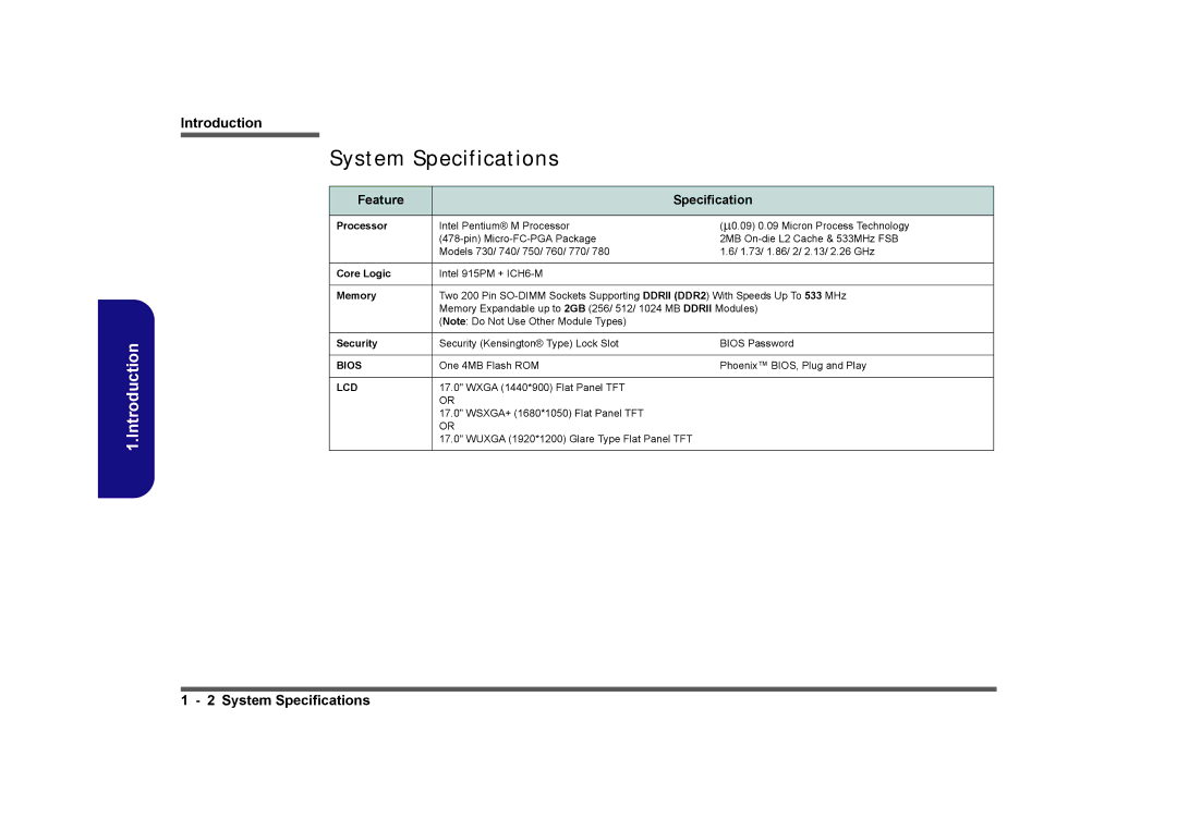 Clevo M575A manual System Specifications, Feature Specification 