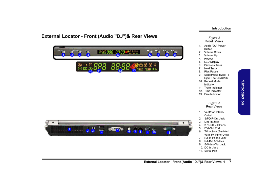 Clevo M575A manual External Locator Front Audio DJ& Rear Views, Front Views 