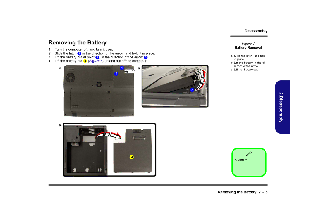 Clevo M575A manual Removing the Battery, Battery Removal 