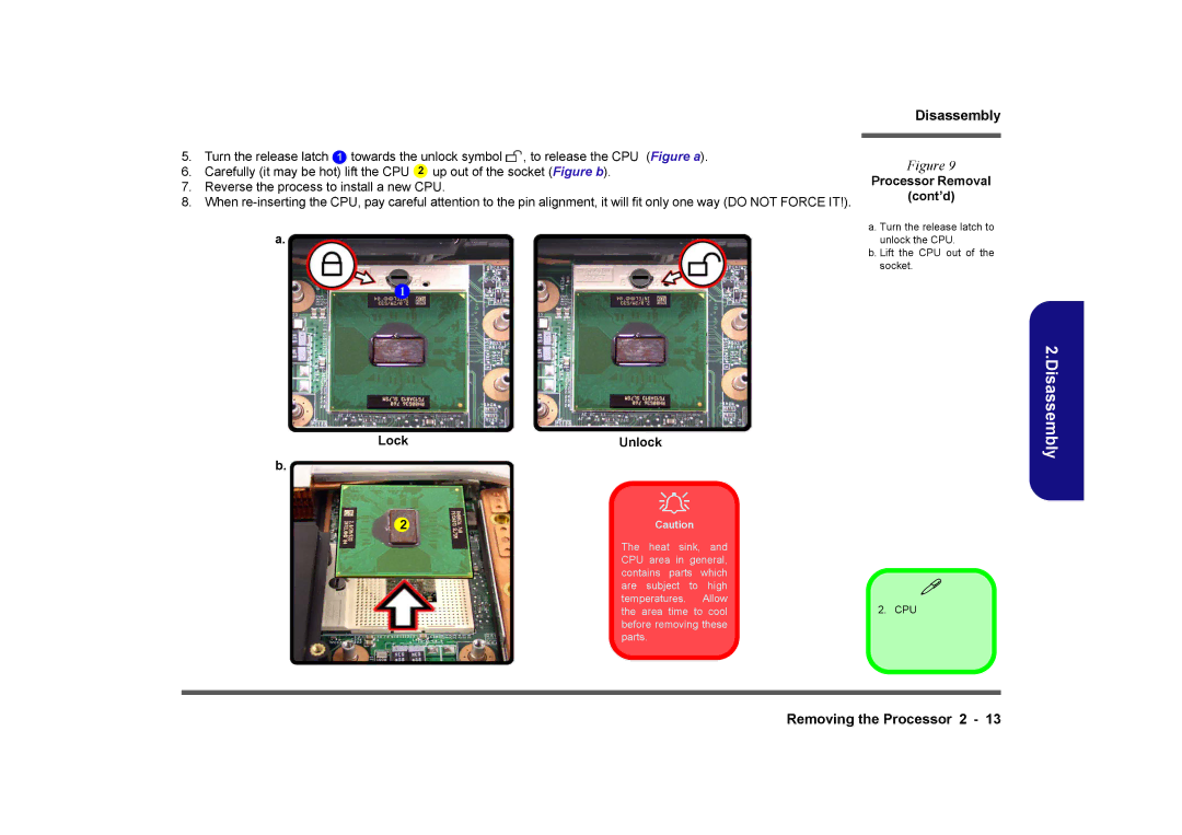 Clevo M575A manual Processor Removal Cont’d, Lock Unlock 