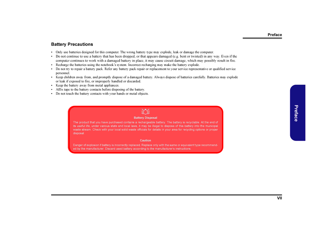 Clevo M575A manual Battery Precautions 