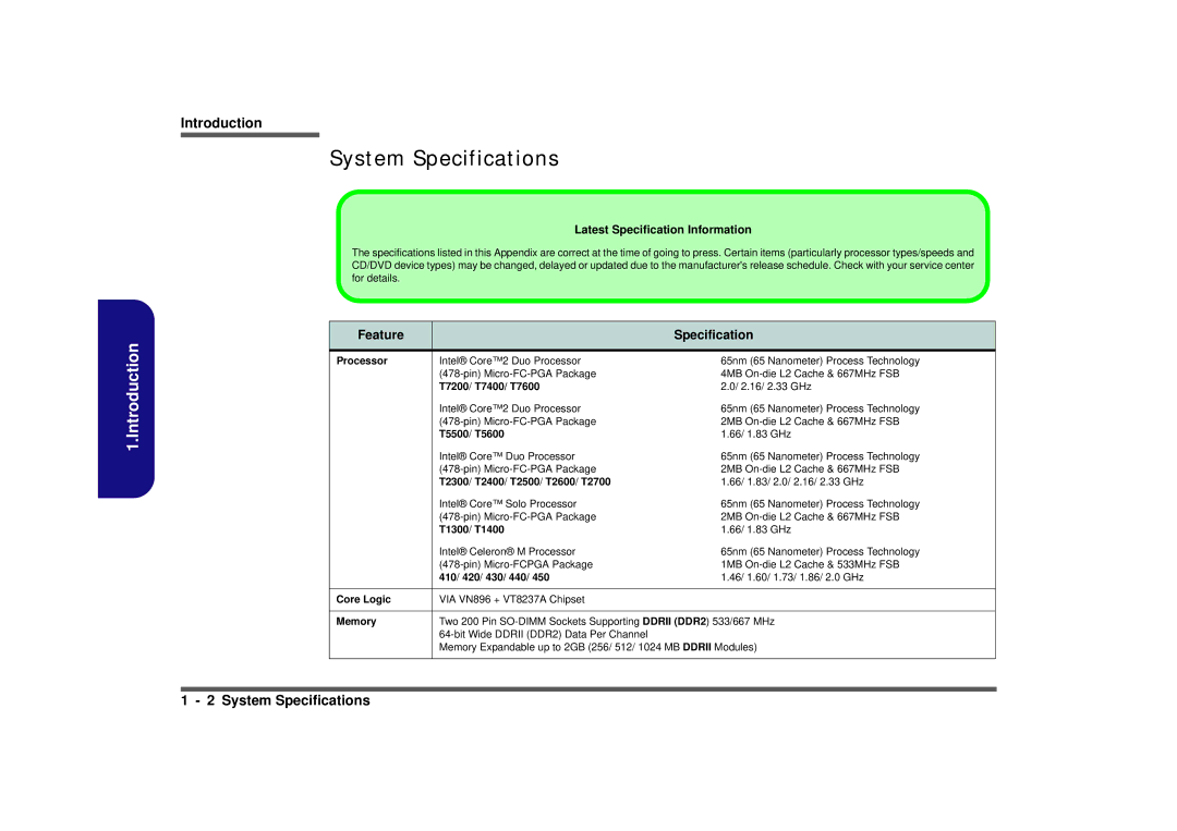 Clevo M665SE manual System Specifications, Feature Specification 