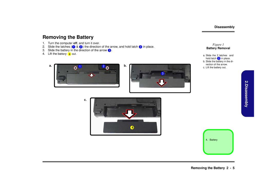 Clevo M665SE manual Removing the Battery, Battery Removal 