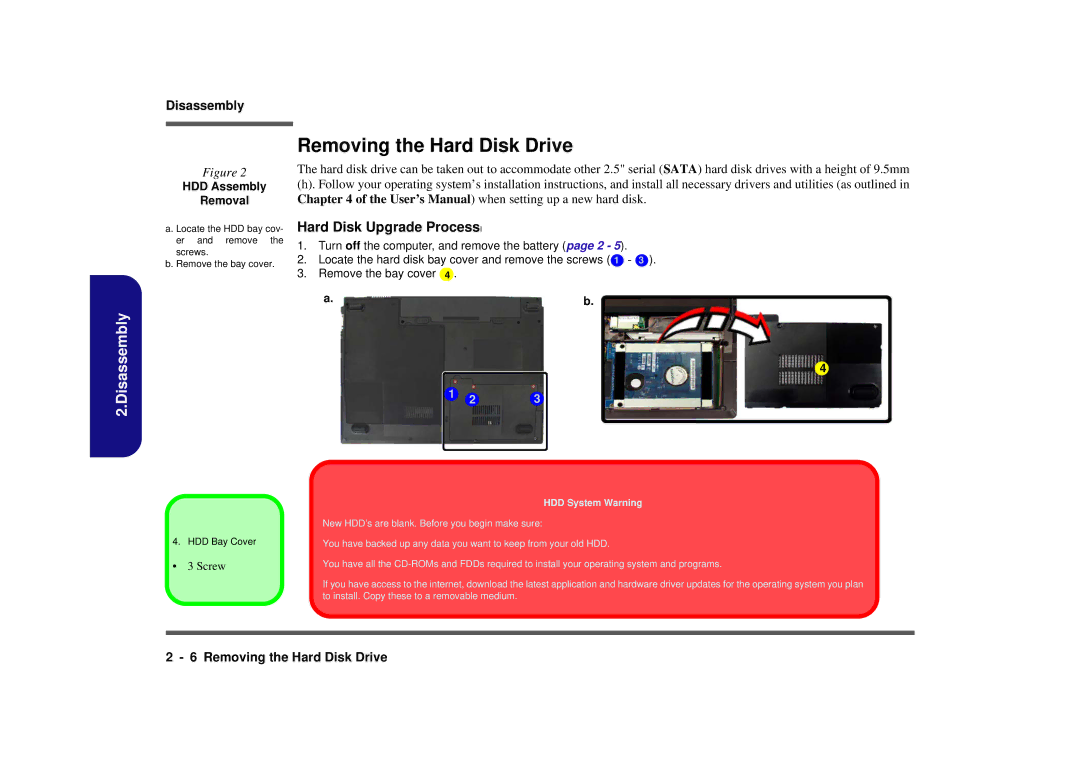 Clevo M665SE manual Removing the Hard Disk Drive, HDD Assembly Removal 