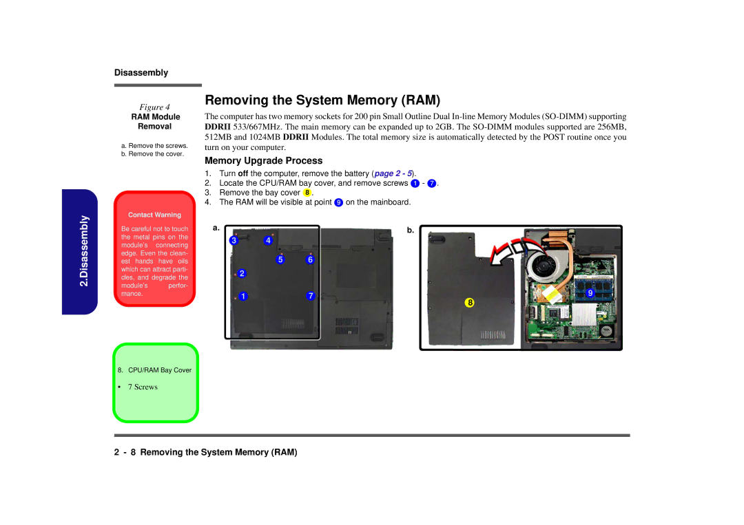 Clevo M665SE manual Removing the System Memory RAM, RAM Module Removal 