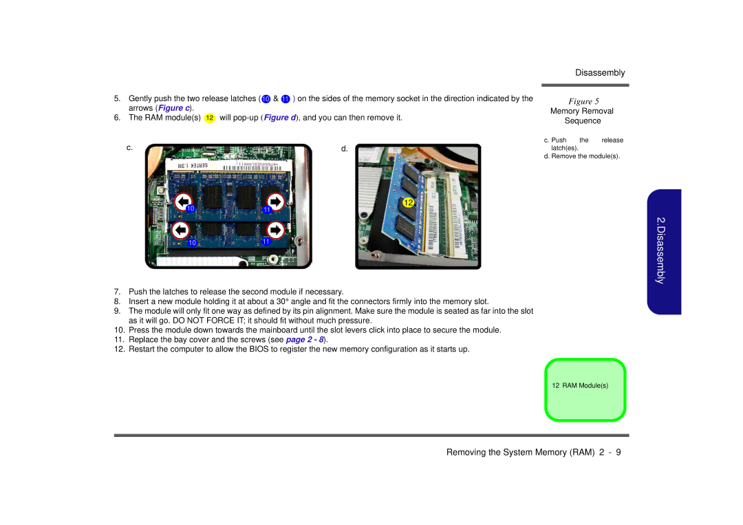 Clevo M665SE manual Disassembly, Memory Removal Sequence 