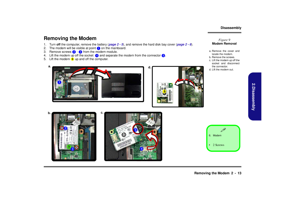 Clevo M665SE manual Removing the Modem, Modem Removal 