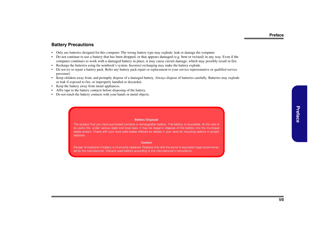 Clevo M665SE manual Battery Precautions 